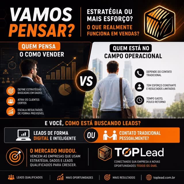 🚀 Vamos pensar um pouco sobre vendas?

O que realmente traz resultado hoje:
Mais esforço… ou mais estratégia?

Quem cresce mais no mercado?
🤔 Quem passa o dia inteiro tentando vender no braço
ou
🧠 quem entende o processo, cria estratégia e usa a tecnologia ao seu favor?

E outra pergunta importante:
Você ainda depende apenas do contato tradicional presencial…
ou já utiliza Leads qualificados para acelerar suas oportunidades?

O mercado mudou.
Hoje, vender bem não é apenas trabalhar mais.
É trabalhar de forma inteligente, com dados, posicionamento e pessoas certas chegando até você. 🎯

Empresas que entendem isso saem na frente.

A pergunta é:
Sua operação está preparada para o jeito novo de vender?

📲 A TOPLead
 ajuda empresas a encontrarem clientes todos os dias através de Leads qualificados.

#Leads #Vendas #MarketingDigital #GestaoComercial #toplead