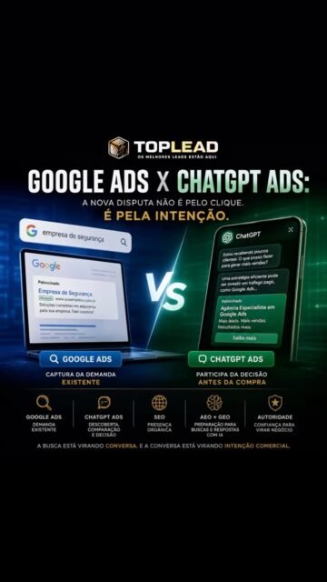 🚨 GOOGLE ADS X CHATGPT ADS: A NOVA DISPUTA NÃO É PELO CLIQUE. É PELA INTENÇÃO.

Durante anos, o jogo do marketing digital foi simples:

🔎 O cliente pesquisa no Google.
💰 As empresas disputam aquela intenção com anúncios.

Mas o comportamento está mudando.

Hoje, antes de pesquisar “qual empresa contratar?”, o consumidor pode conversar com uma Inteligência Artificial:

💬 “Qual solução eu preciso?”
💬 “Quais são minhas opções?”
💬 “Quanto custa?”
💬 “Qual é melhor?”
💬 “Em quem posso confiar?”

E aí surge uma nova oportunidade: ChatGPT Ads.

🔥 O que muda para as empresas?

No Google, muitas vezes capturamos uma demanda que já existe.

No ChatGPT, a oportunidade pode surgir durante a construção da decisão de compra.

A pessoa ainda pode não saber o nome do produto ou serviço que precisa, mas já está descrevendo o problema.

E isso muda uma pergunta fundamental:

❌ “Qual palavra-chave meu cliente pesquisa?”

Para:

✅ “Qual problema meu cliente está tentando resolver?”

🎯 Google Ads ou ChatGPT Ads?

Talvez essa seja a pergunta errada.

O futuro pode envolver:

🔎 Google Ads → captura da demanda existente
🤖 ChatGPT Ads → descoberta, comparação e decisão
🌐 SEO → presença orgânica
🧠 AEO + GEO → preparação para buscas e respostas baseadas em IA
⭐ Autoridade digital → confiança para transformar intenção em negócio

O cliente não pensa em “canal”.

Ele pensa em resolver um problema.

E sua empresa precisa estar presente no momento em que essa necessidade aparece.

🚀 E aqui está a grande mudança:

Durante anos perguntamos:

“O que meu cliente pesquisa?”

Agora precisamos começar a perguntar:

“O que meu cliente pergunta antes de pesquisar?”

A busca está virando conversa.

E a conversa está virando intenção comercial.

Na TOPLead, acreditamos que o futuro da aquisição será cada vez mais conectado entre dados, intenção, tecnologia e velocidade comercial.

Porque no final das contas...

🔥 Não basta gerar tráfego.
🔥 Não basta gerar clique.
🔥 Não basta gerar lead.

É preciso gerar oportunidade real de venda.

TOPLead